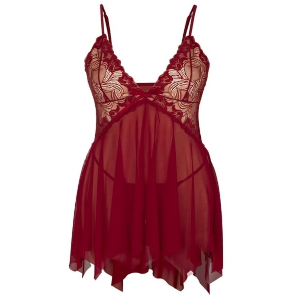 Chama Plus Size Lingerie Lace Babydoll Sexy V Neck Mesh Sleepwear Set - Picture 7 of 8